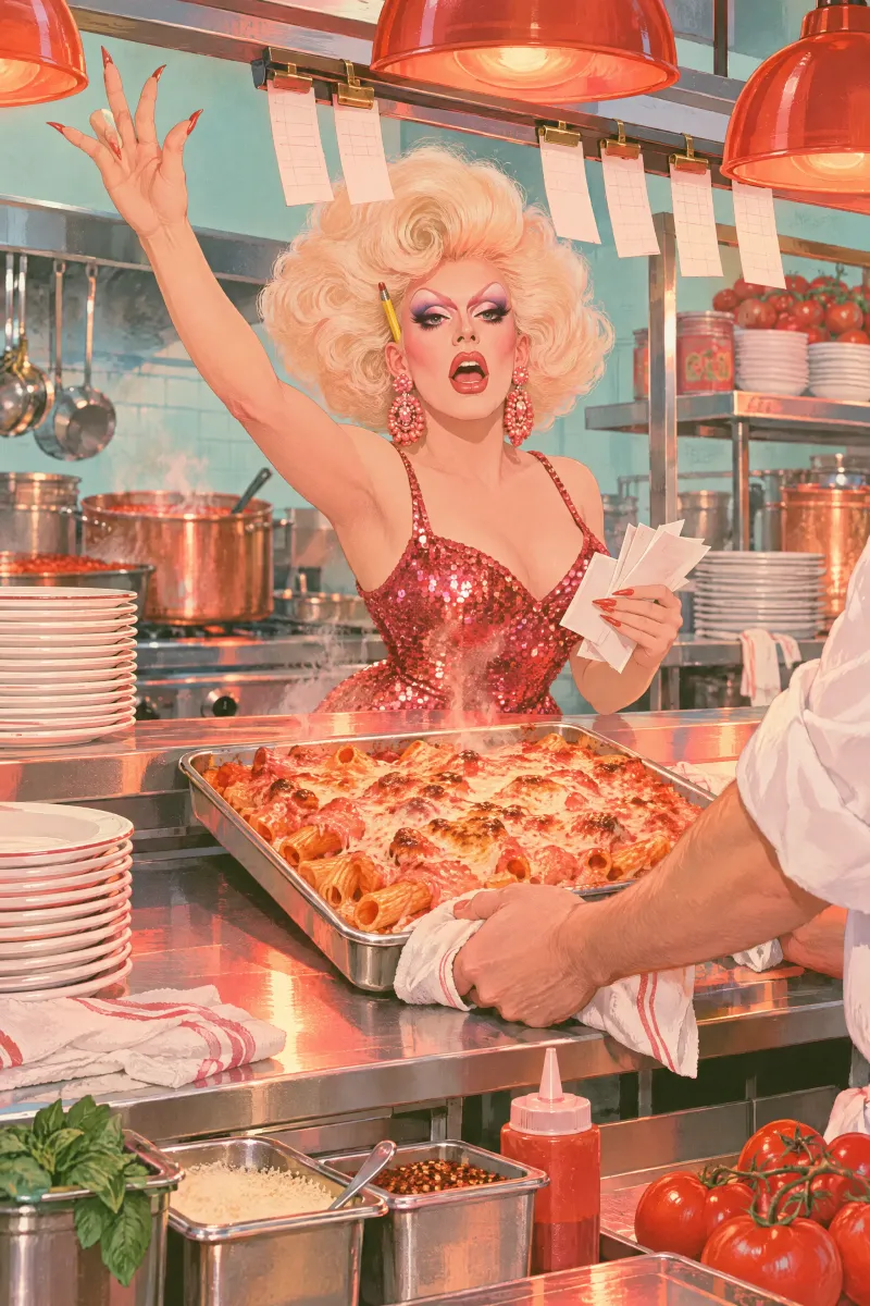 Vodka rigatoni, baked till the tops crackle