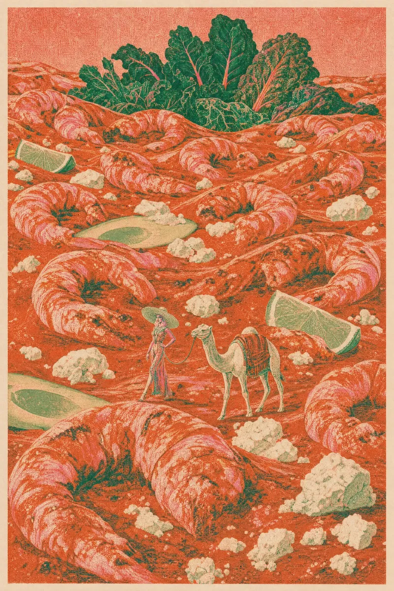 Harissa shrimp broiled over a tray of greens